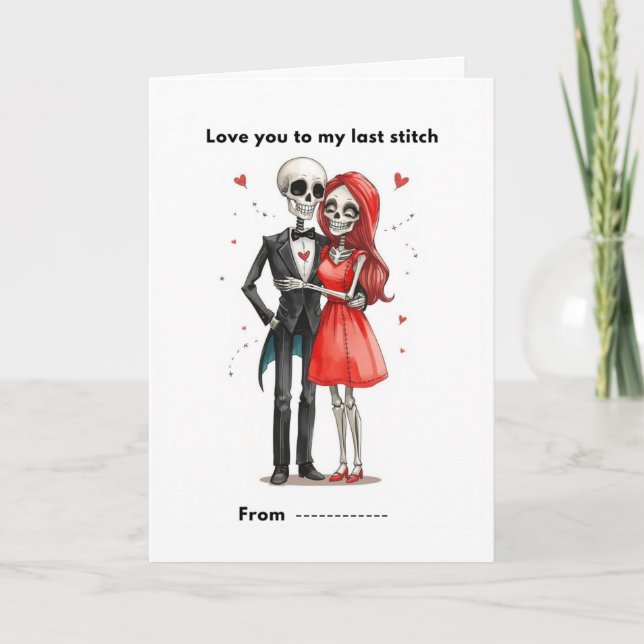 Tarjeta Cute Skeleton Couple Stitched Heart Valentine Card (Anverso)