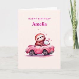 Tarjeta Cute Sloth in a Pink Convertible Birthday