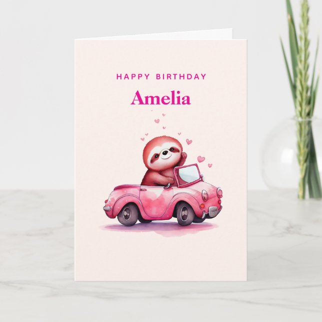 Tarjeta Cute Sloth in a Pink Convertible Birthday (Anverso)