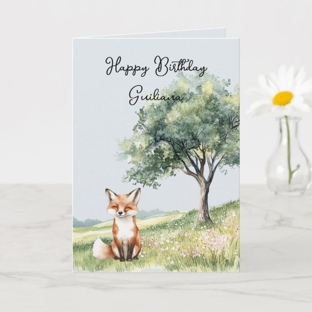 Tarjeta Cute Smiling Fox Field of Flowers Tree Birthday (Planta pequeña)