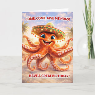 Tarjeta Cute sombrero pulpo abrazos y deseos de cumpleaños
