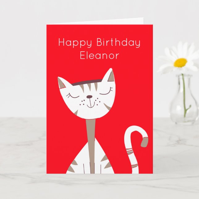 Tarjeta Cute Sonriente Nombre Gato Red Feliz Cumpleaños Ca (Planta pequeña)