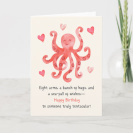 Tarjeta Cute sonriente pulpo rojo corazón feliz cumpleaños