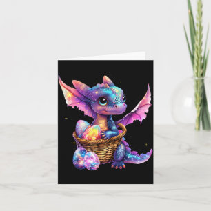 Tarjeta Cute Space Dragon recopilando huevos de Pascua Bas