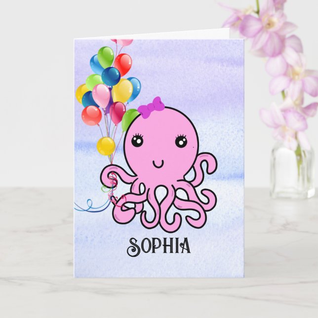 Tarjeta Cute Squid Birday Personaliza Nombre Edad Octopus  (Orquídea)