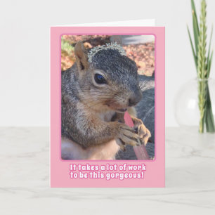 Tarjeta Cute Squirrel Tiara y Lipstick Feliz cumpleaños