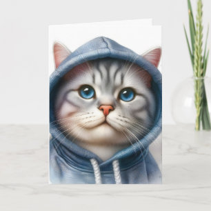 Tarjeta Cute sudadera con capucha de ojos azules gato atig