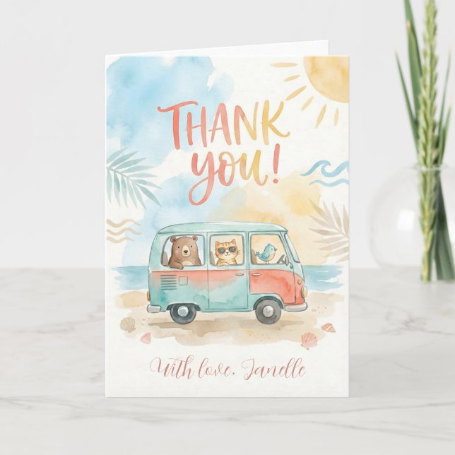 Tarjeta Cute Summer Thank You Thank You Beach Van Animals (Anverso)