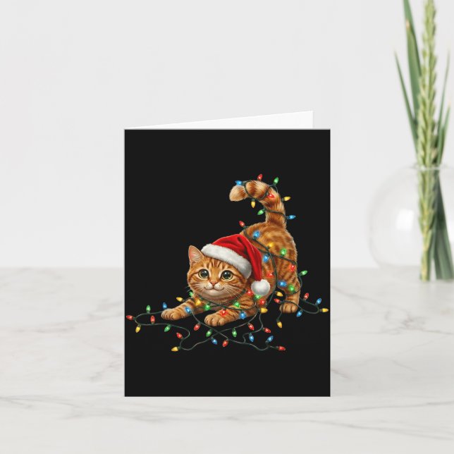 Tarjeta Cute Tabby Cat Christmas Funny Lights Xmas Cat In  (Anverso)