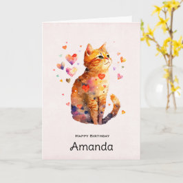 Tarjeta Cute Tabby Cat con corazones Cumpleaños