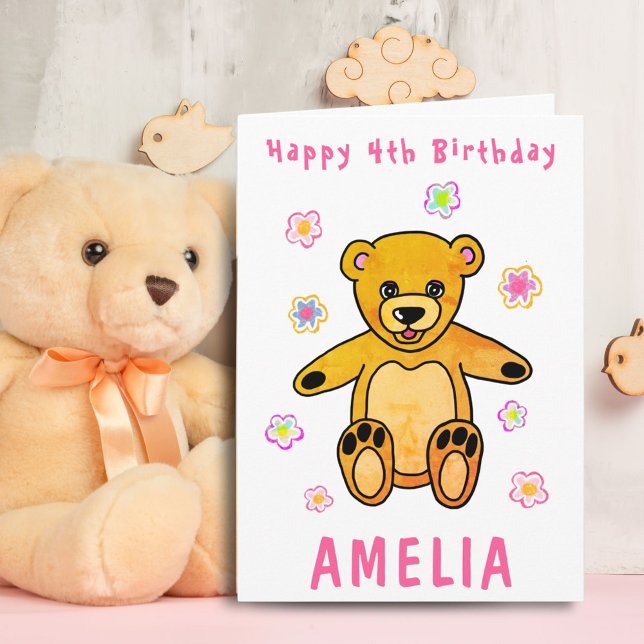 Tarjeta Cute Teddy Bear Flores Rosa Feliz Cumpleaños Niños (Subido por el creador)