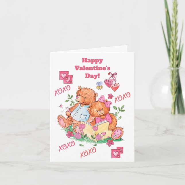 Tarjeta Cute Teddy Osos Corazones Abraza Besos (Anverso)