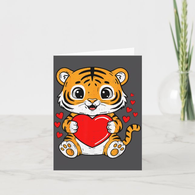 Tarjeta Cute Tiger Holding Heart Kawaii Valentines Day Men (Anverso)