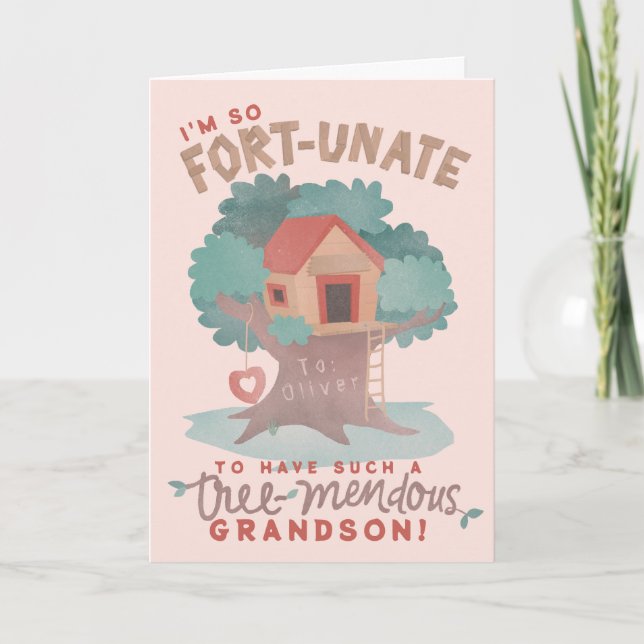 Tarjeta Cute Tree Fort Punny cumpleaños deseo para su niet (Anverso)