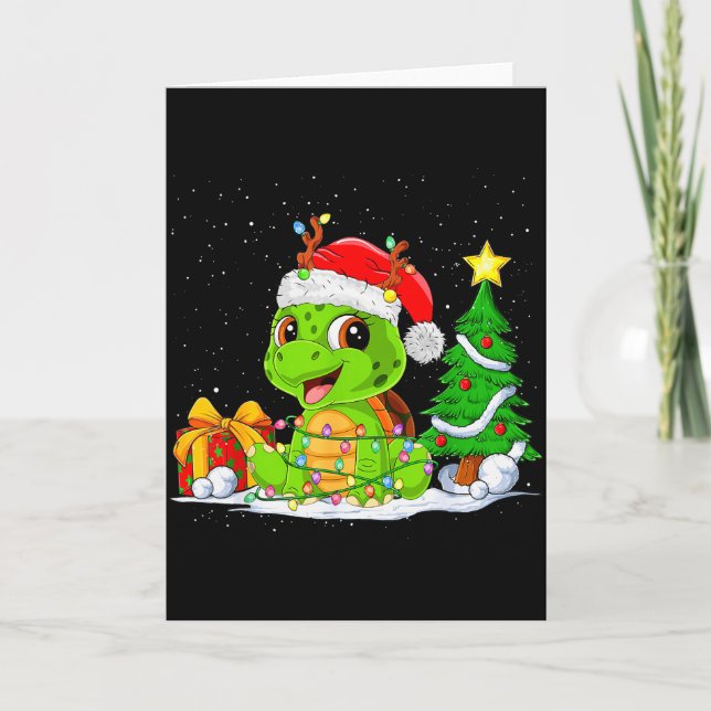 Tarjeta Cute Turtle Santa Christmas Tree Lights Xmas Pajam (Anverso)