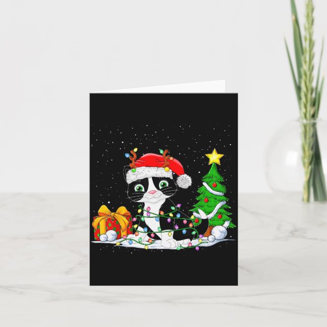 Tarjeta Cute Tuxedo Cat Santa Christmas Tree Lights Xmas T (Anverso)