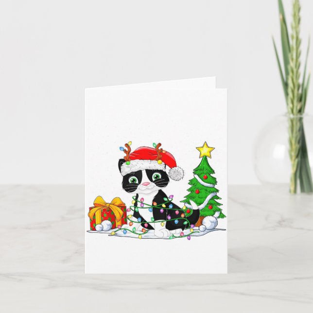 Tarjeta Cute Tuxedo Cat Santa Christmas Tree Lights Xmas T (Anverso)