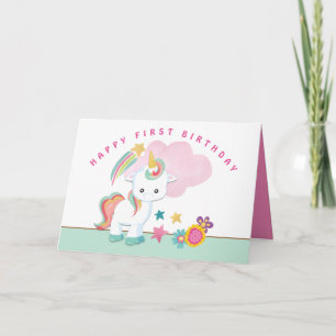 Tarjeta Cute Unicorn Feliz Primer Cumpleaños