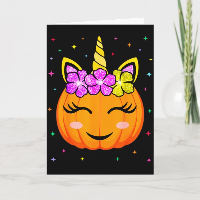 Tarjeta Cute Unicorn Pumpkin Girls Kids Funny Halloween Co (Anverso)