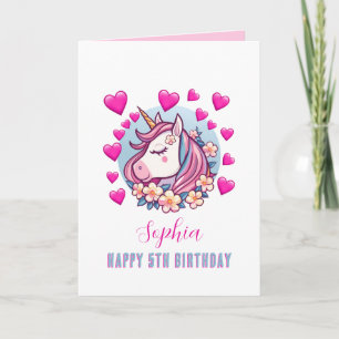 Tarjeta Cute Unicornio, Corazones Rosados, Nombre Cumpleañ