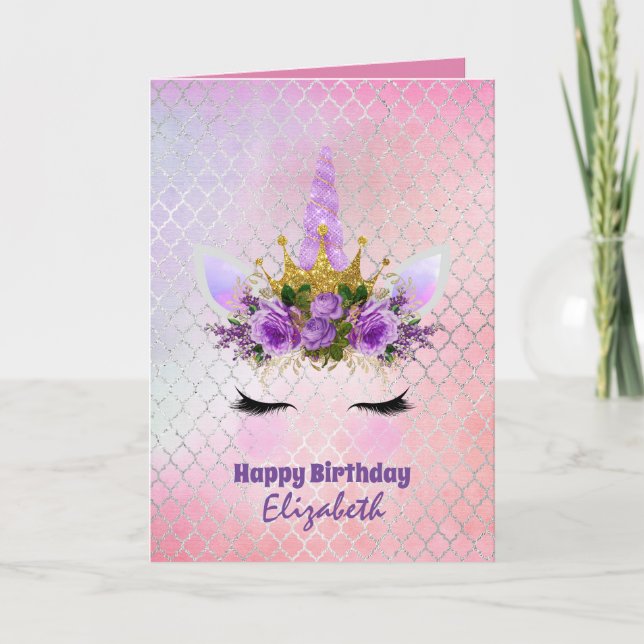 Tarjeta Cute Unicornio Fantasy Bonito Girly diseño morado (Anverso)