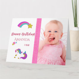 Tarjeta Cute unicornio feliz 1er cumpleaños mágico con fot