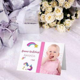 Tarjeta Cute unicornio feliz 1er cumpleaños mágico con fot