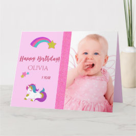 Tarjeta Cute unicornio feliz primer cumpleaños con foto