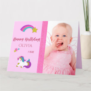 Tarjeta Cute unicornio feliz primer cumpleaños con foto