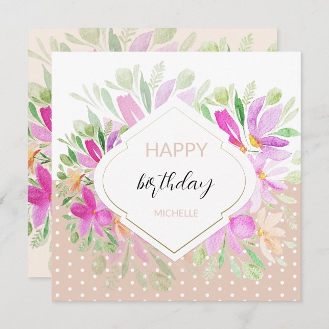 Tarjeta Cute Watercolor Boho Lila Rosa Floral (Anverso / Reverso)
