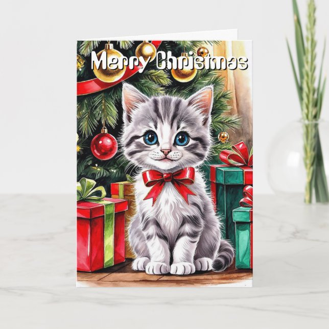 Tarjeta Cute Watercolor Christmas Cat Personalized Greetin (Anverso)