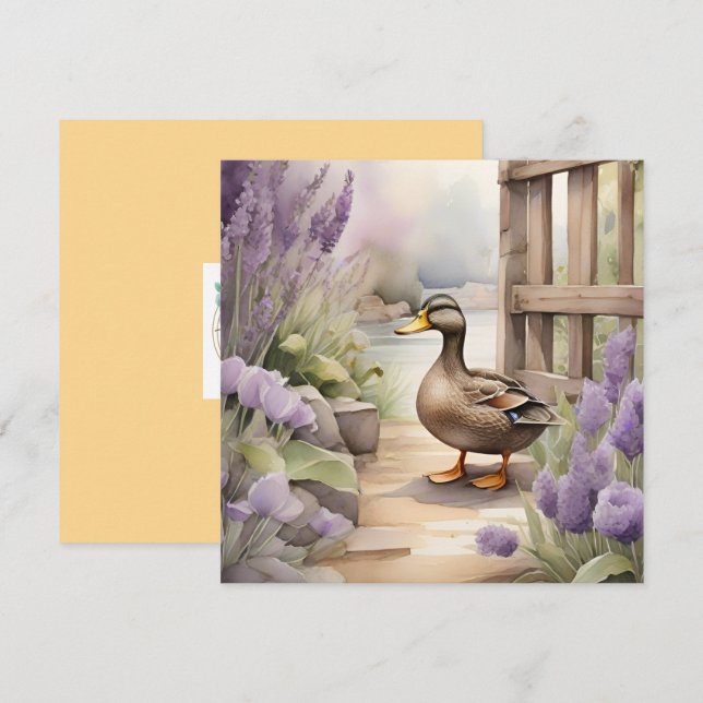 Tarjeta Cute Watercolor Duck N Lavender Blank  (Anverso / Reverso)