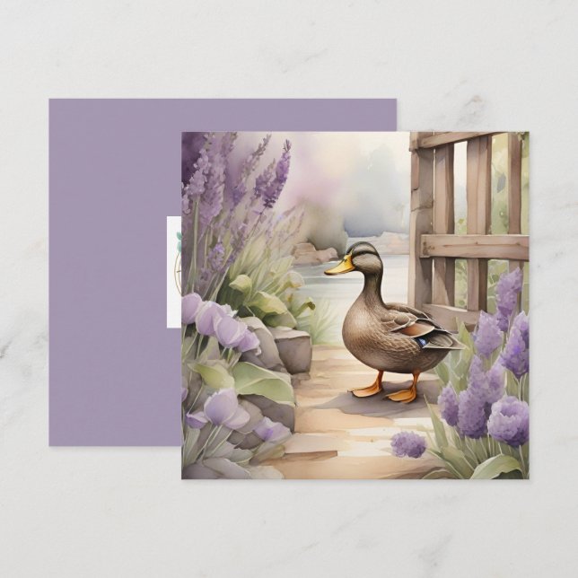 Tarjeta Cute Watercolor Duck N Lavender Blank  (Anverso / Reverso)