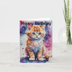 Tarjeta Cute Watercolor Ginger Kitten Cumpleaños