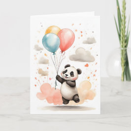 Tarjeta Cute Watercolor Panda Yellow Blue Balloons Blank