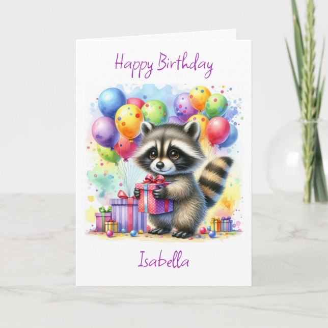 Tarjeta Cute Watercolor Personalizado Raccoon Feliz cumple (Anverso)
