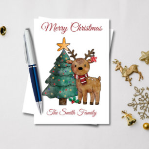 Tarjeta Cute Watercolor Reindeer Navidad 