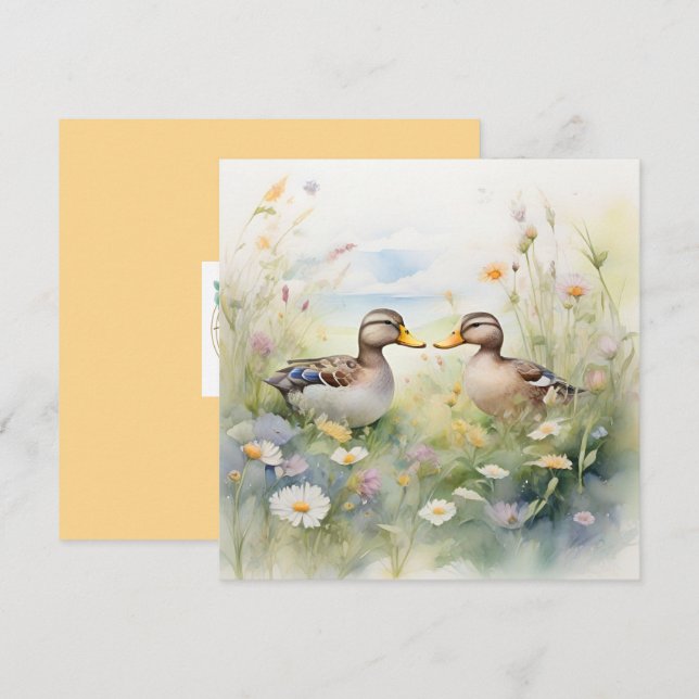 Tarjeta Cute Watercolour Pato Pico a Pico Blanco  (Anverso / Reverso)