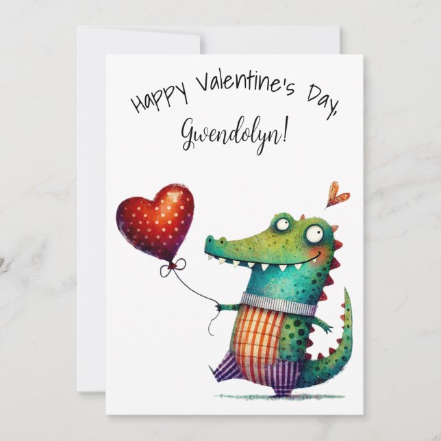 Tarjeta Cute Whimsical Alligator Valentine's Day Flat (Anverso)