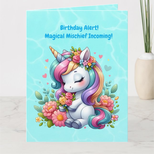 Tarjeta Cute Whimsical Floral Unicornio Girly Niños Cumple (Anverso)