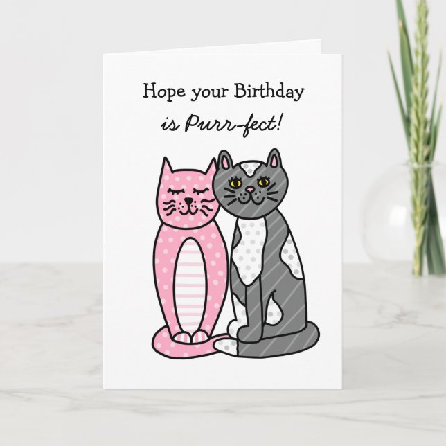 Tarjeta Cute Whimsical Folk Art Cats Cumpleaños (Anverso)
