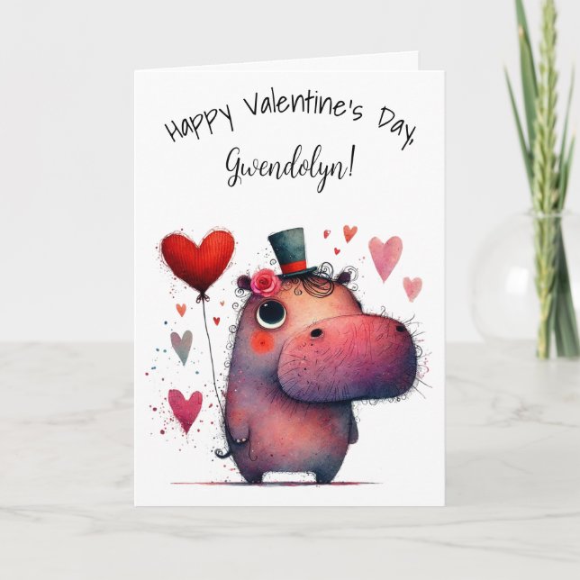 Tarjeta Cute Whimsical Hippo Happy Valentine's Day (Anverso)