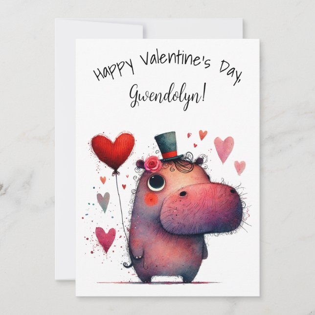 Tarjeta Cute Whimsical Hippo Valentine's Day Flat (Anverso)