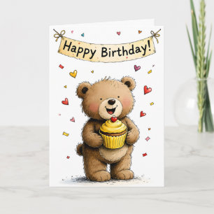Tarjeta Cute Whimsical Teddy Bear Cupcake Feliz Cumpleaños