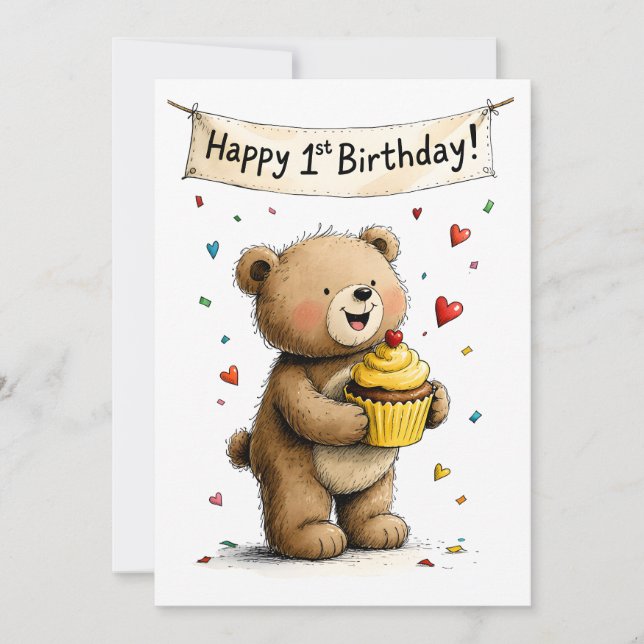 Tarjeta Cute Whimsical Teddy Bear Happy 1st Birthday Flat (Anverso)