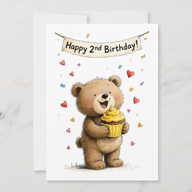 Tarjeta Cute Whimsical Teddy Bear Happy 2nd Birthday Flat (Anverso)