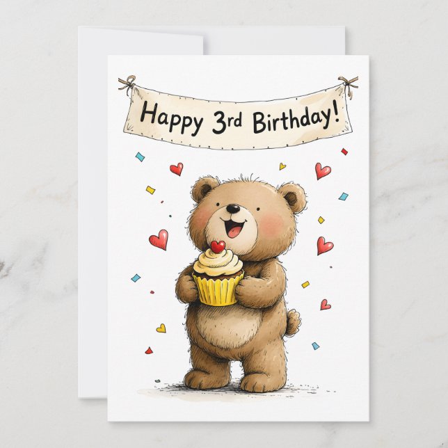 Tarjeta Cute Whimsical Teddy Bear Happy 3rd Birthday Flat (Anverso)
