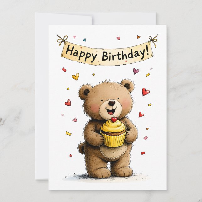 Tarjeta Cute Whimsical Teddy Bear Happy Birthday Flat (Anverso)