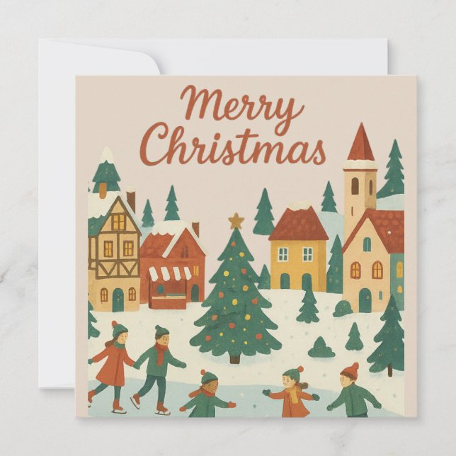 Tarjeta Cute Whimsical Winter Town Merry Christmas Card (Anverso)