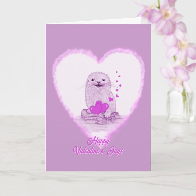 Tarjeta Cute White Baby Sea Otter , Happy Valentines Day (Orquídea)